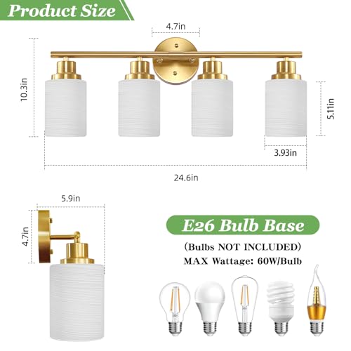 Image of 4-Light Vanity Lights, Brushed Gold Bathroom Light Fixture with Striped Textured Milky White Glass Shade, Modern Vanity Lighting Fixture for Bathroom Wall Light Over Mirror, E26 Wall Sconce