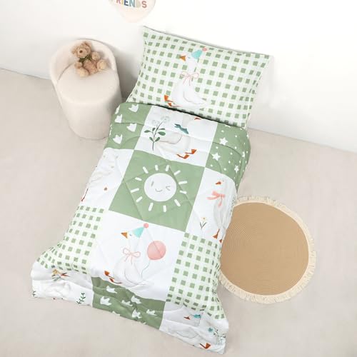 Image of Toddler Bedding Set for Boys Girls 4 Pieces Green Goose, Soft Breathable Toddler Comforter Set, Checkerboard Print, Includes Reversible Comforter, Fitted Sheet and Flat Sheet, Pillowcase