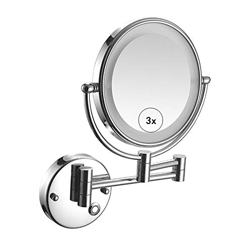 ATAAY Espejo de Maquillaje de Montaje en Pared con luz LED 3 aumentos de Doble Cara, Giratorio de...