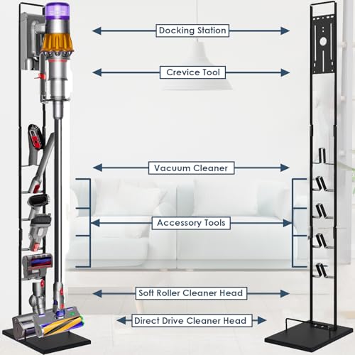 Image of Lasvea Vacuum Stand for V6, V7, V8, V9,V10, V11, V12, V15 Cordless Cleaners - Heavy Base Metal Bracket Holder Organizer with Trigger Lock, On /Off Control Clamp, Accessory & Attachment Storage