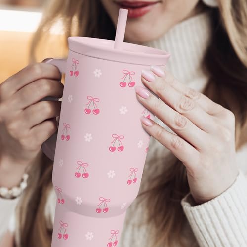 Image of SANDJEST Cherry 40oz Slider Tumbler with Handle and Straw - Insulated Stainless Steel Travel Coffee Mug for Women Girls, Gift for Birthday Christmas