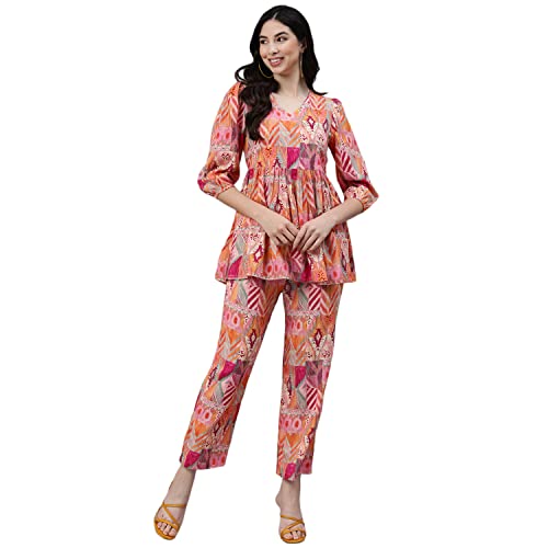 Image of DEEBACO Women's Rayon Peplum Top & Straight Pants Co-Ord Set for Women|Flared Tunic V-Neck & 3 /4 Puff Sleeve Ladies Party Casual Wear Fashionable for Girls Relaxed Fit Cord Set