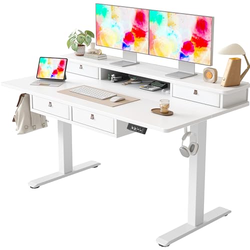 TIQLAB Height Adjustable Electric Standing Desk with Four Drawer, 140 X 70 CM Stand Up Table with Storage Shelf, Sit Stand Desk with Splice Board, White Frame/White Top