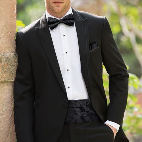 Image of Barry.Wang Men Silk Paisley Cummerbund and Pre-tied Bowtie Handkerchief Cufflink Set for Tuxedo