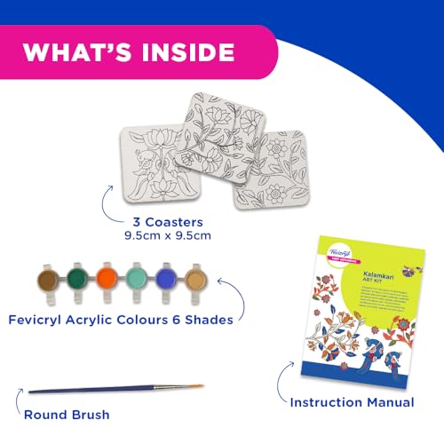 Image of Fevicryl Kalamkari Mini Art Kit | All-Inclusive DIY Kit with Wooden Coasters, Acrylic Colours, Brush l Paint Your Own Coasters | for Artists, Students, Hobbyists & Gifting | Ideal for Age 14 +