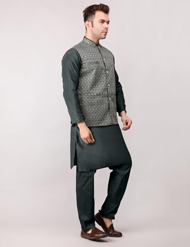 Image of Men's Cotton Silk Blend Regular Kurta Pyjama, Embroidered Nehru Jacket /Waistcoat Set