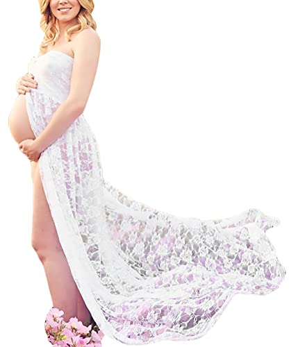 ORANDESIGNE Mujer Embarazada Encaje Vestido de Fiesta Largos con Aberturas Premamá Faldas Fotografía Foto Shoot Dress de Maternidad B Blanco M