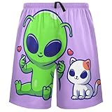 visesunny Men's Pajama Shorts Summer Alien Cute Cat Alien Cartoon Soft Sleep Shorts for Men Pjs Bottoms pants with Pockets XL