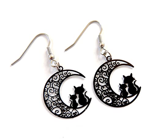 Boucles d'oreilles chats sur la lune - Noir