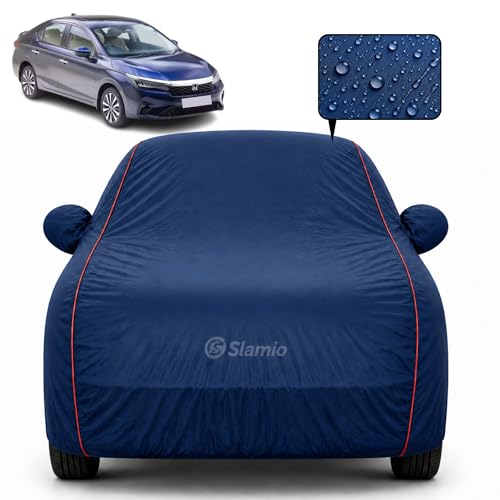 Image of Premium 100% Waterproof Car Cover for Honda's City 2014-2019 Models | All-Weather, UV & Dust Protection | Heavy-Duty 3-Layer Fabric | Custom Fit with Mirror & Antenna Pockets | Navy Blue