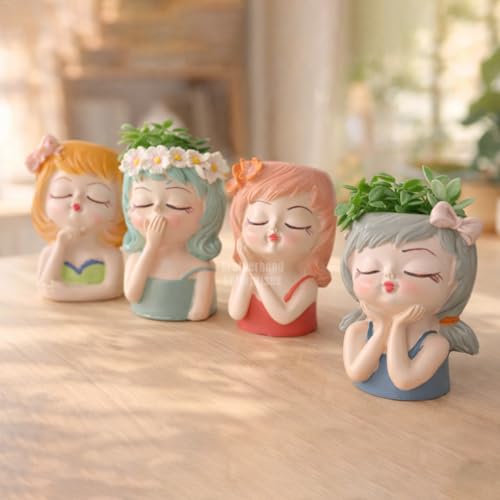 Image of Cute Beautiful Combo Pack of 4 Girls Succulent Planter Pots Resin Creative Flowerpot Plant Pots Planter Container for Home Garden Office Desktop Decoration - Multi (Pack of 4)