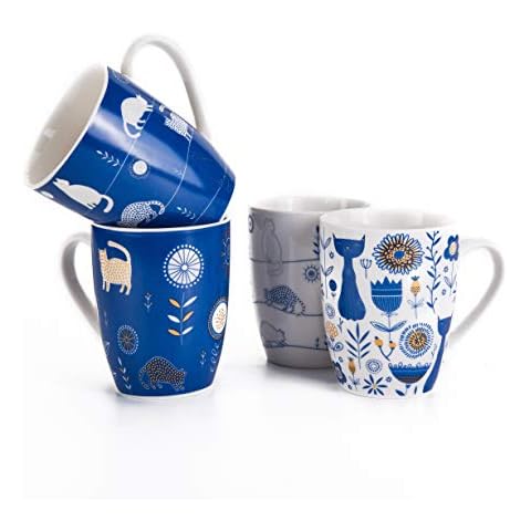 Set of 4 340ML/11.5 oz Blue and White Cat Coffee Mugs, Milk Tea Ceramic Porcelaiin Mugs Set Cover