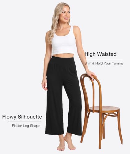 Image of GYS Bamboo Viscose Wide Leg Capri Pants for Women, Ultra-Soft Pajama Bottom | Lightweight Culottes Cropped Lounge Pants, Flowy Yoga Pants, High Waist PJ Bottoms, Knitted Ladies Gaucho Pants