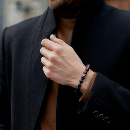 Beaded Bracelet for Men Tiger Eye Onyx Obsidian Natural Gemstones (10 mm) Premium Sterling Silver Centre Protection Charm Handmade Stretch Bracelet Gift for Men, 5.9''- 8''2
