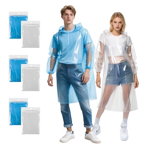 6 Pack Disposable Rain Ponchos for Adults - Emergency Rain Poncho with Hood, Ponchos Family Pack for Outdoor, Theme Park Essentials, Hiking