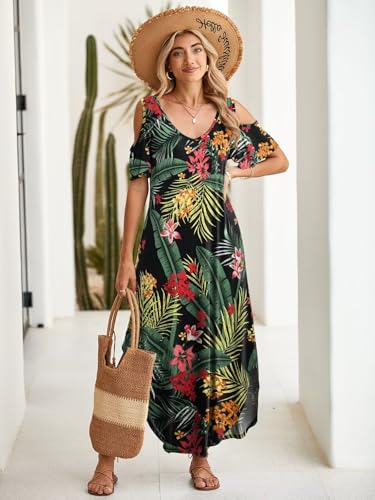 Image of BELAROI Womens Cold Shoulder Maxi Dress Plus Size V Neck Summer Sundresses with Pockets Beach Coverup Vacation Outfits