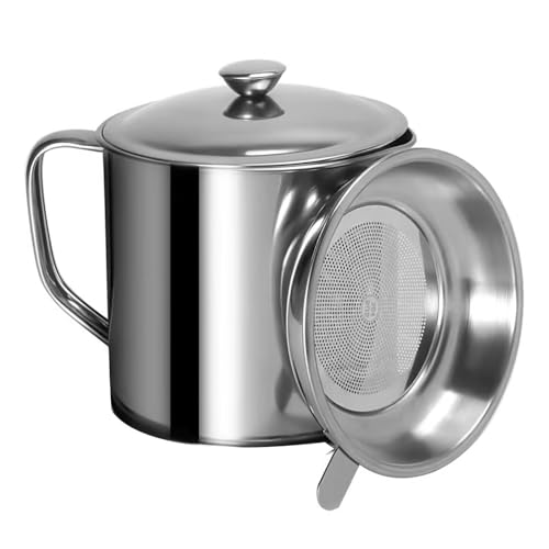 XINGKAIXI Grease Container with Fine Mesh Strainer, Lid and Easy-Grip Handle (1 L)