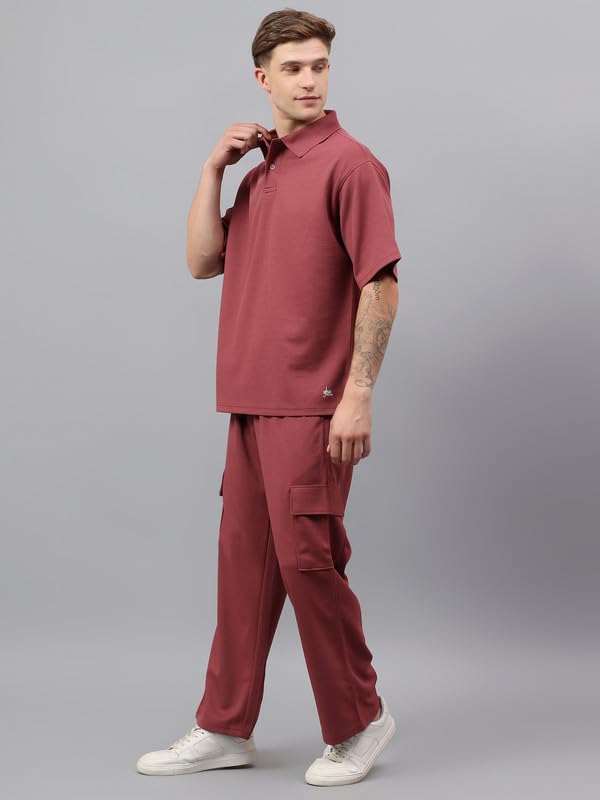 Image of YHA Solid Oversize Polo Neck Stylish Summer Tracksuit Half Sleeves Cord Set With Full Pant For Gents Lightweight Breathable Polycotton Fabric Co-ord Set For Men