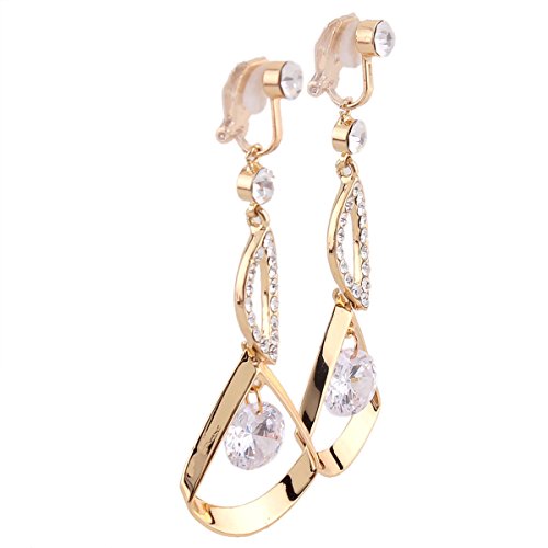 Grace Jun™ Fashion Bridal Rhinestone Cz Long Clip On Earrings Non Piercing For Women Ear Clip (Gold+White) #TOP4