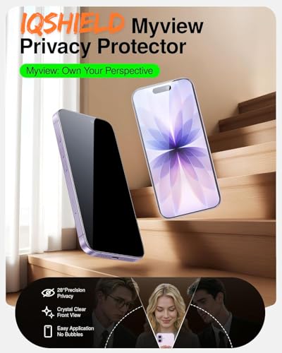 Image of IQShield My-View Privacy Screen Protector Tempered Glass Guard for iPhone 17 and iPhone 16 Pro, 9H Hardness, 2-Way Anti-Spy, Case Friendly [1 Pack]