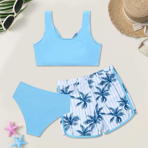 Image of Weixinbuy Girl's 3 Piece Swimsuit Teen Swimwear Tropical Print Twist Cross Bikini Bathing Suit with Cover Up Shorts Size 9-16