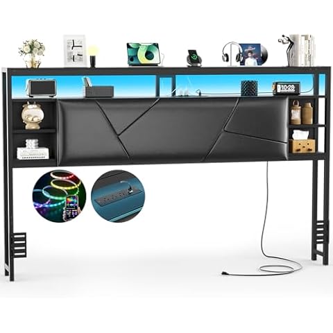 Hyomdeck King Size Headboard with Charging Station and Smart RGB LED Light, Upholstered King Bed Head Board with Storage Shelf, Sturdy Headboards for Bedroom, Guest Room and Dorm, Easy Assembly, Black Cover
