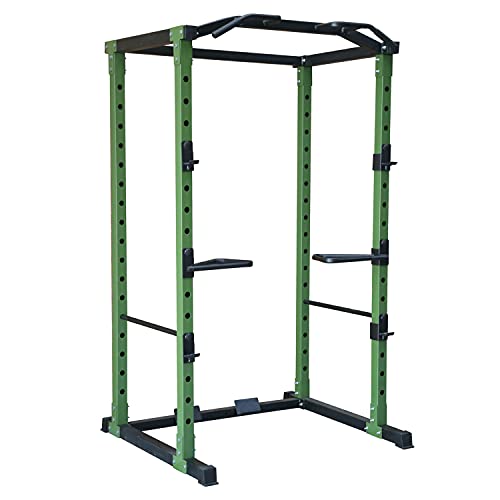HulkFit HFPC-GR 1,000 Pound Capacity Adjustable Power Cage with 2 Safety Bars and Dip Bars & Customizable Add Ons, Cage Only, Green