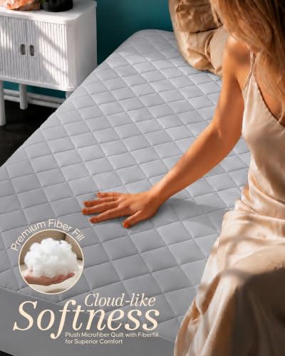 Image of Quilted Fitted Mattress Pad, Twin Mattress Protector Topper with Deep Pocket Stretches up to 16 Inches, Machine Washable Mattress Cover by Utopia Bedding (Light Grey)