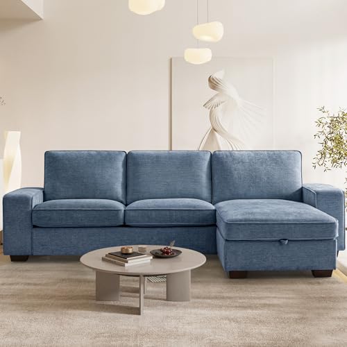 YuuYee Chenille L Shaped Sectional Couches for Living Room, Comfy Convertible Modular Sofa with Storage Chaise for Small Spaces,Mid Century Modern,Deep Seat (Navy Blue, 99")