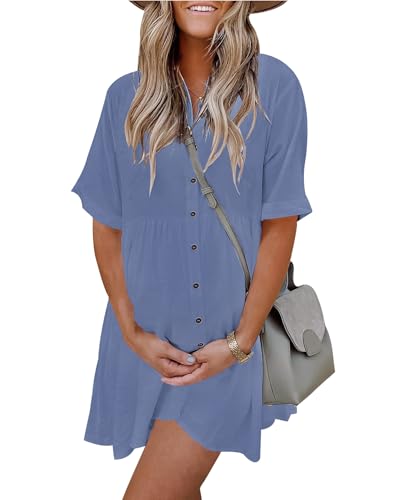 Image of PYGFEMR Women's Short Sleeve Babydoll Dress Button Down Dresses with Pockets