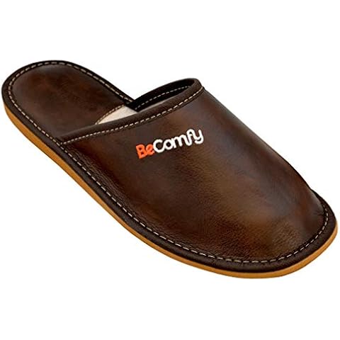 BeComfy Men's Leather Slippers with EVA Sole Comfortable Slippers Black Brown 40 41 42 43 44 45 46, dark brown, 7 UK Cover