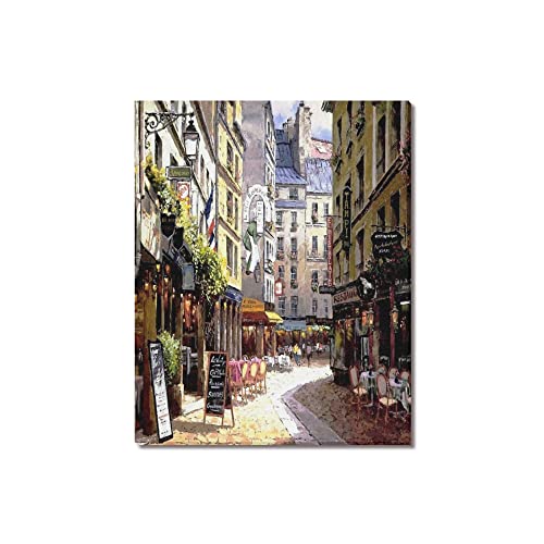 Beautiful Modern Art Watercolor Painting Rich Retro Small Streets Of Paris Cafe Canvas Print Wall Art 16" X 20" Inch, Stretched And Framed Artwork Decor Wall Living Room Office, Art Abstract City Landscape Watercolor Picture Canvas Wall Art Print #TOP8