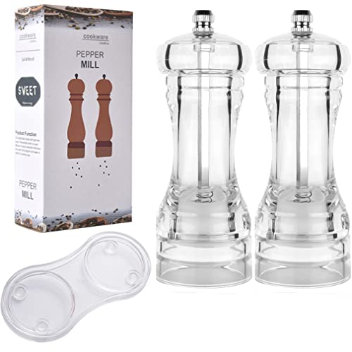 2 moinhos de pimenta acrílica transparente ajustáveis de 5 polegadas com kit de bandeja recarregável, combo de saleiro e pimenteiro de grão de pimenta com rotor de cerâmica, ferramenta de cozinha
