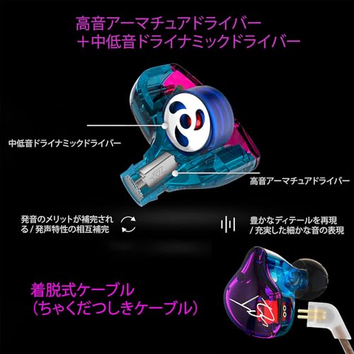 KZ ZST イヤホン 1BA+1DD カナル型 イヤモニ 中華 ノイズキャンセリング 高純度銀メッキケーブル 耳掛け 3.5MM (マイクなし, カラフル)