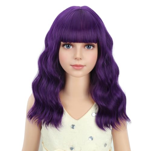 Image of PATTNIUM Child Dark Purple Wig Kids Purple Wig with Bangs Short Wavy Curly Girls Synthetic Cosplay Halloween Party Costume Hair Wigs