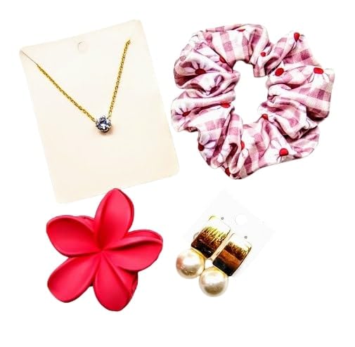 Image of Mini Green Hamper Accessories Set, Green Printed Pattern Scrunchie, Beaded Bracelet, Trendy Flower clips, and Hair Pins (Gift Hamper 03)