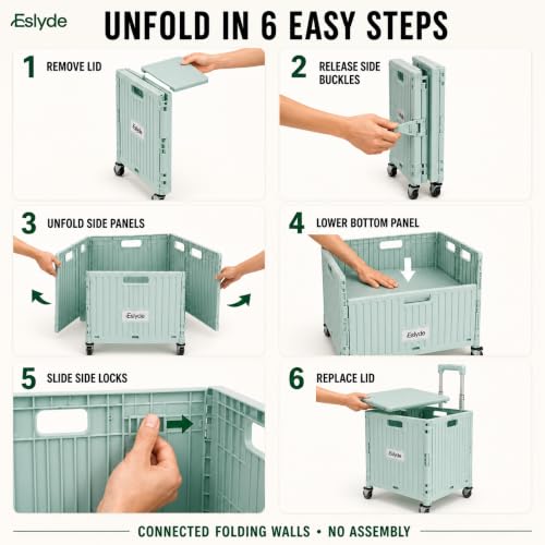 Eslyde Folding Utility Cart Portable Rolling Crate Handcart Shopping Trolley Collapsible Tool Box, with Lid, Basket on 4 Rotating Wheels, for Grocery, Garden, Office, Storage, Teacher, Tool (Green) - Image 8