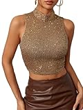 Floerns Women's Mock Neck Sleeveless Sequin Party Sparkly Crop Tank Tops Clubwear Brown L