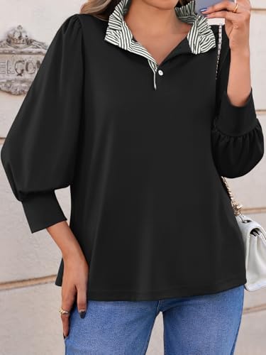Cicy Bell Womens 3/4 Length Puff Sleeve Tops Dressy Casual Ruffle V Neck Blouses Color Block Loose Fit Shirts2