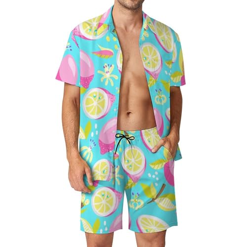 Chemise Hawaïenne Homme Citrons Roses Ensemble Léger de Plage avec Short et Pantalon S