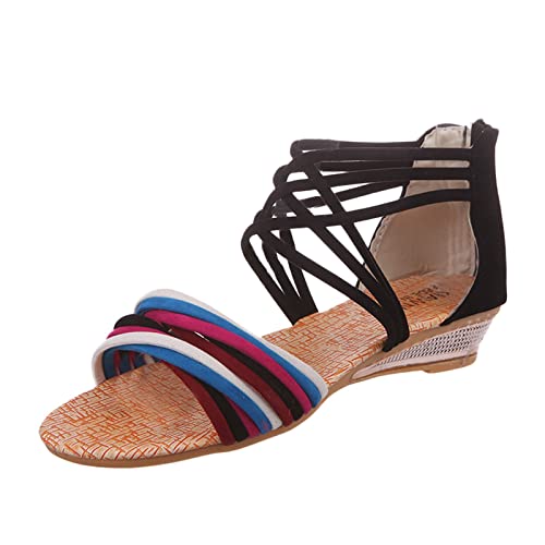 ZTFYKLIN Sandalias Deportivas De Mujer Zapatos Zapatillas Traseras Cremallera Playa Verano Cuña Multicolor Chanclos Goma Jardín (Black, 37) Ortopedicas Women Sandals Summer Comodas Para Caminar