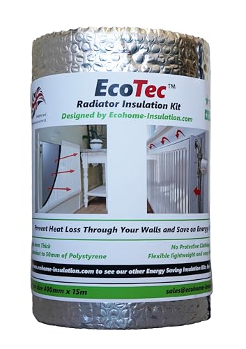 EcoTec Radiator Insulation Kit, Quick & Easy Install, Covers All Radiators, Double-Sided Aluminium Foil, 4mm Thick, Air Bubble Membrane, 95% Radiant Energy Reflection, Energy Saving, UK Manufactured