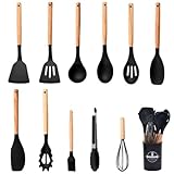 12 PCS Kitchen Utensil Set, Silicone Cooking Utensils with Holder, Resistant Natural Wooden Handle Cookware Tongs Spatula Spoon Set, Non Stick & Heat Resistant, Dishwasher Safe