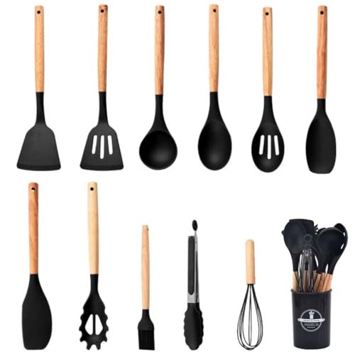12 PCS Kitchen Utensil Set, Silicone Cooking Utensils with Holder, Resistant Natural Wooden Handle Cookware Tongs Spatula Spoon Set, Non Stick & Heat Resistant, Dishwasher Safe