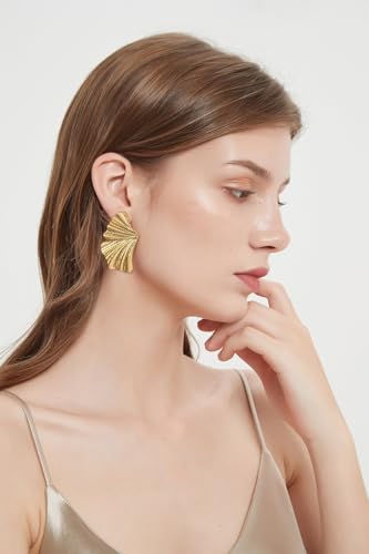 WOWORAMA Gold Statement Earrings for Women Gold Seashell Flower Earrings Boho Textured Ocean Wave Earrings Irregular Exaggerated Geometric Swirl Earrings4
