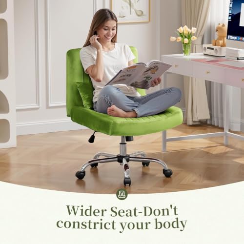 Image of Velvet Criss Cross Desk Chair with Wheels, Luxury Cross Legged Office Office, Swivel Wide Seat Vanity Chair, Armless Adjustable Height Gaming Chair Gift, Dusty (1, Glass Green)