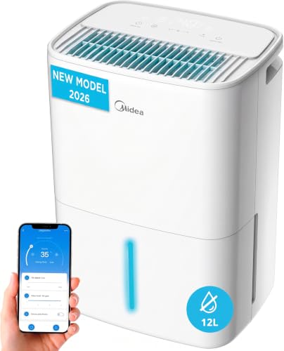 MIDEA Deshumidificador de Humedad Silencioso 12L/Dia | App/Wifi | 35 m2 | Deshumificadores para Humedades en Habitación con Depósito Extraible - Deshumificador Electrico Pequeño Bajo Consumo 300W