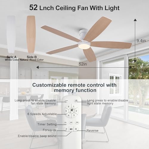 Image of 52 inch White Flush Mount Ceiling Fans with Lights and Remote,White Bedroom Ceiling Fan with Lights, Low Profile Ceiling Fan with Light For Bedroom Outdoor, Memory Fuction Quiet DC Motor