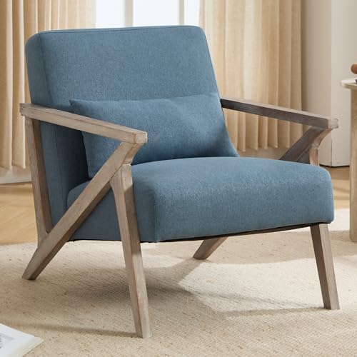 Sillón con estructura de madera y tapizado azul miniatura 1