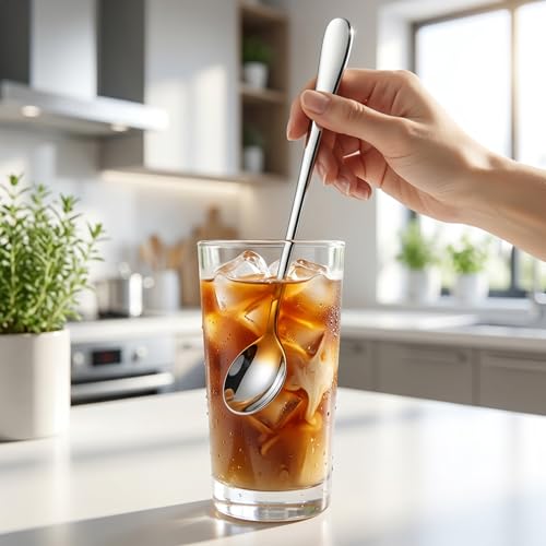 Image of Long Handle Iced Tea Spoons, 7.9 inch 18 /10 Stainless Steel Cocktail Stirring Spoons with Thickened Ergonomic Handle, Tall Coffee & Latte Stirrers, Dessert Spoon Set, Dishwasher Safe Set of 8